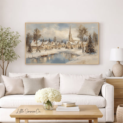 Snowy Christmas Village Lakeside Frame TV Art displayed on a TV