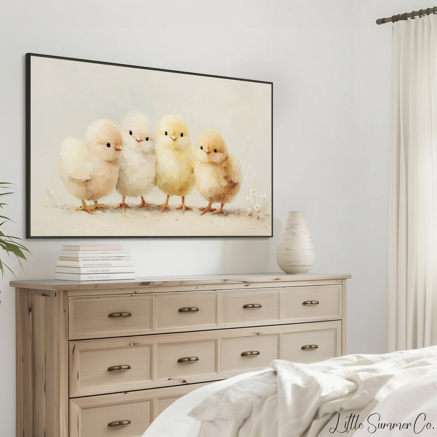 Four Chicks Frame TV Art displayed on a TV