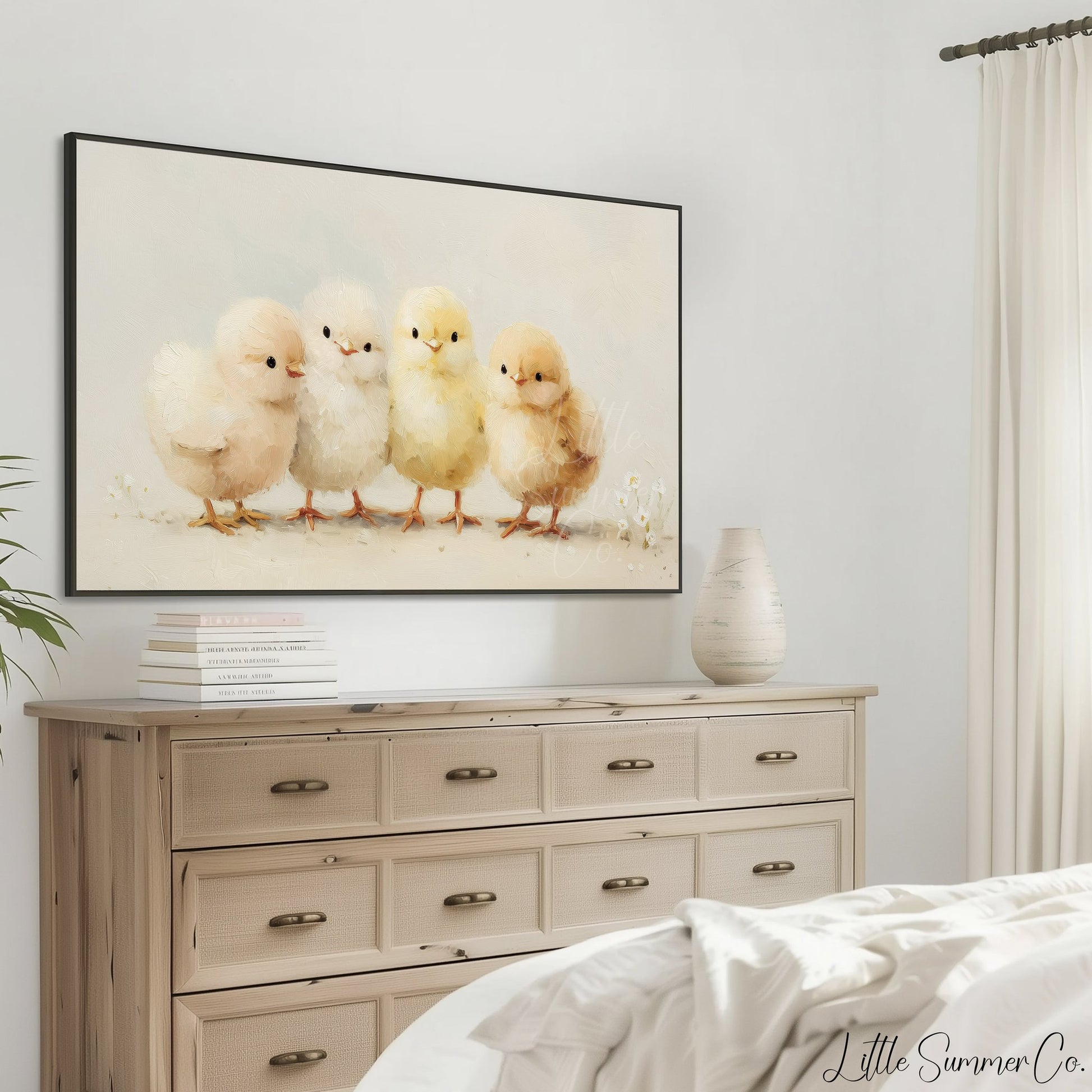 Four Chicks Frame TV Art displayed on a TV