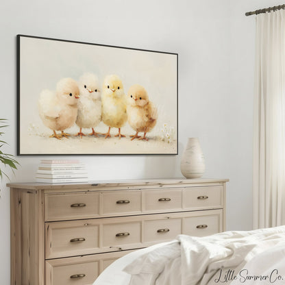 Four Chicks Frame TV Art displayed on a TV