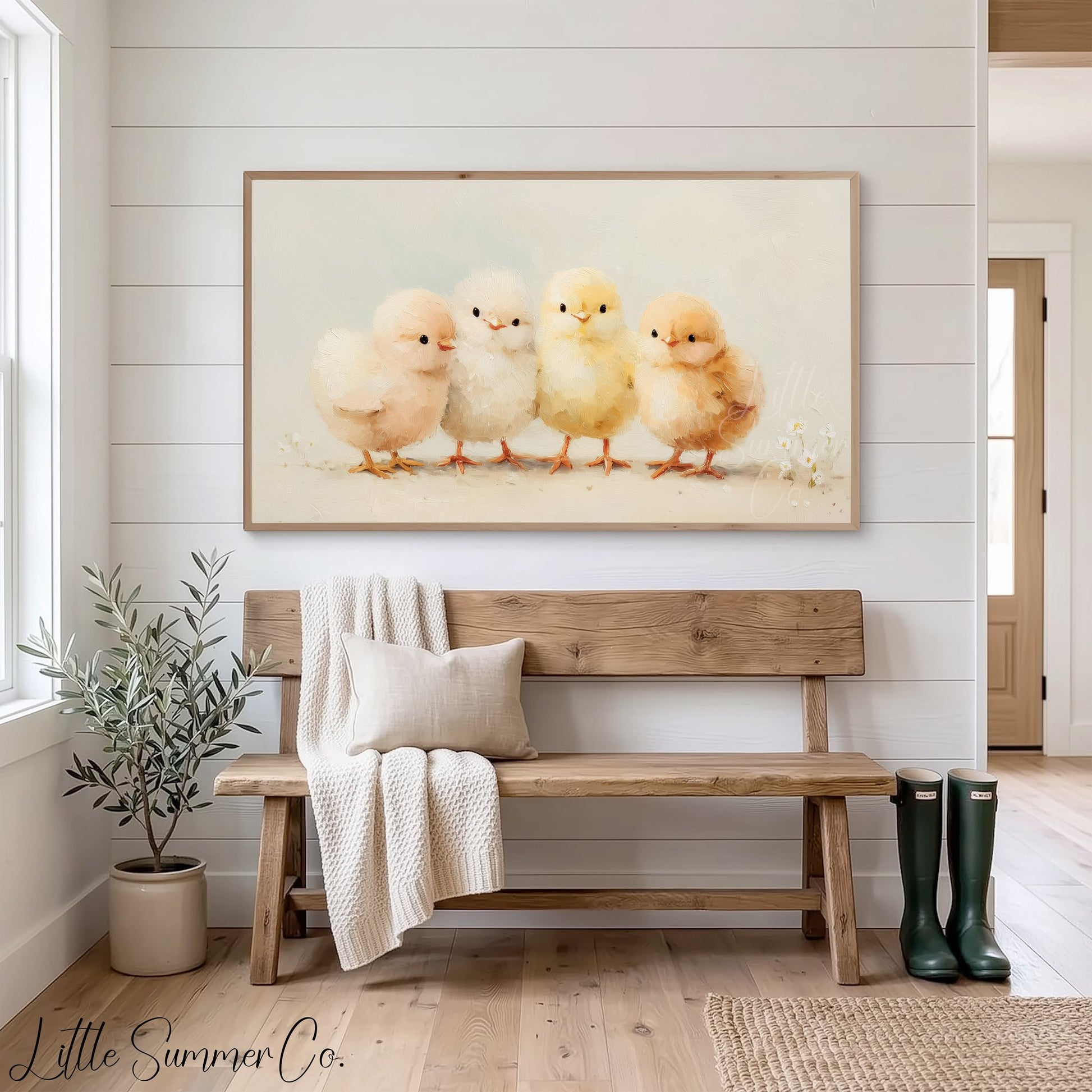 Four Chicks Frame TV Art displayed on a TV