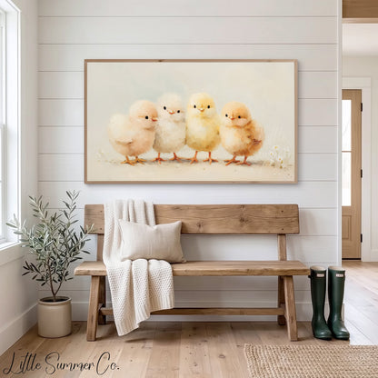 Four Chicks Frame TV Art displayed on a TV