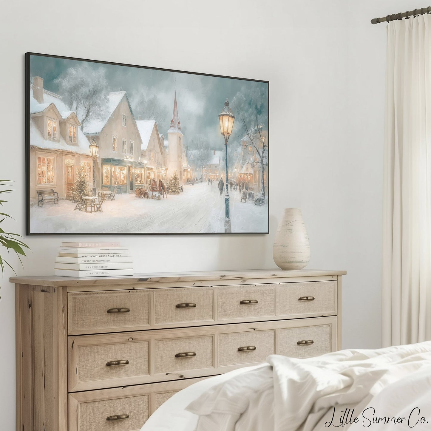 Snowy Village Street Frame TV Art displayed on a TV