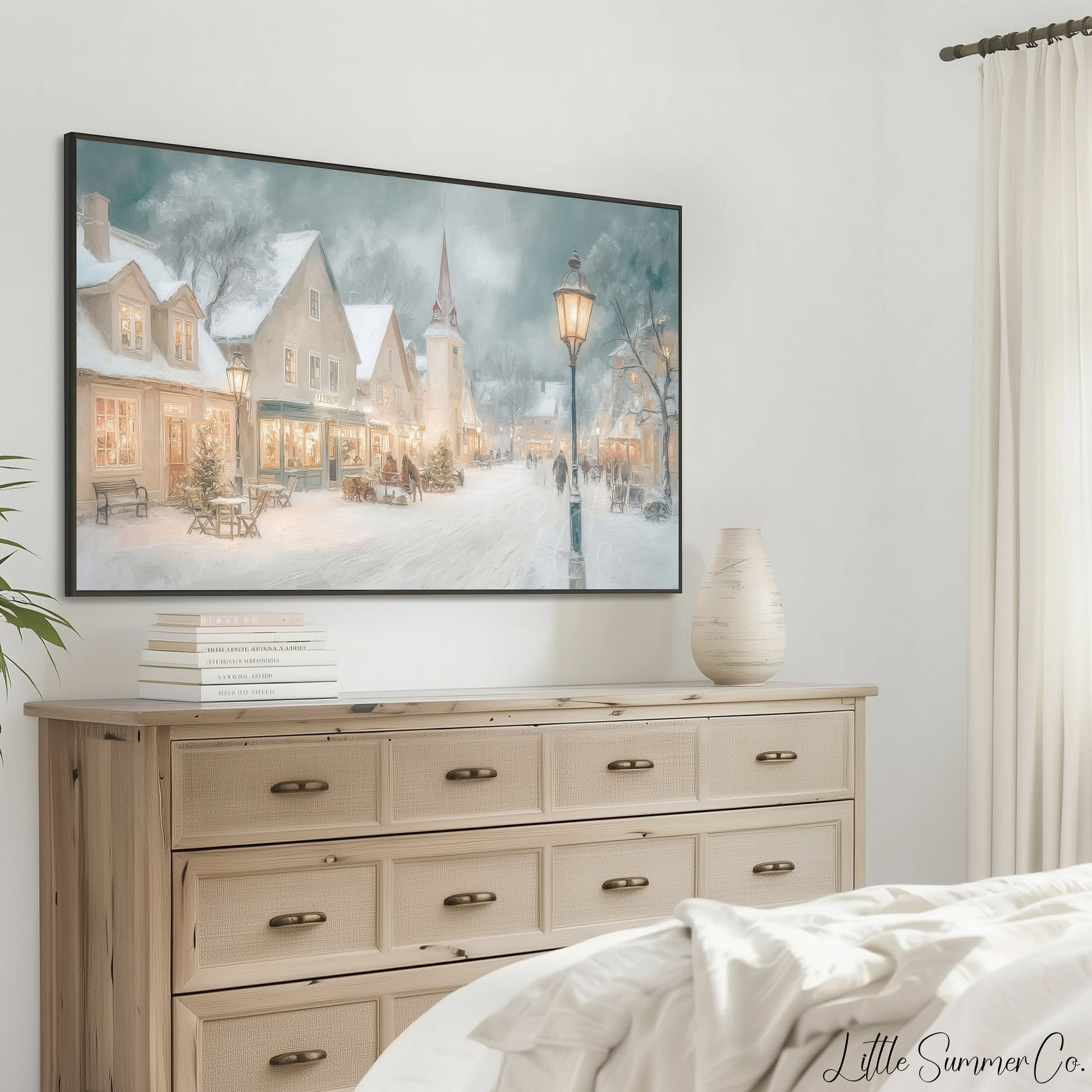 Snowy Village Street Frame TV Art displayed on a TV