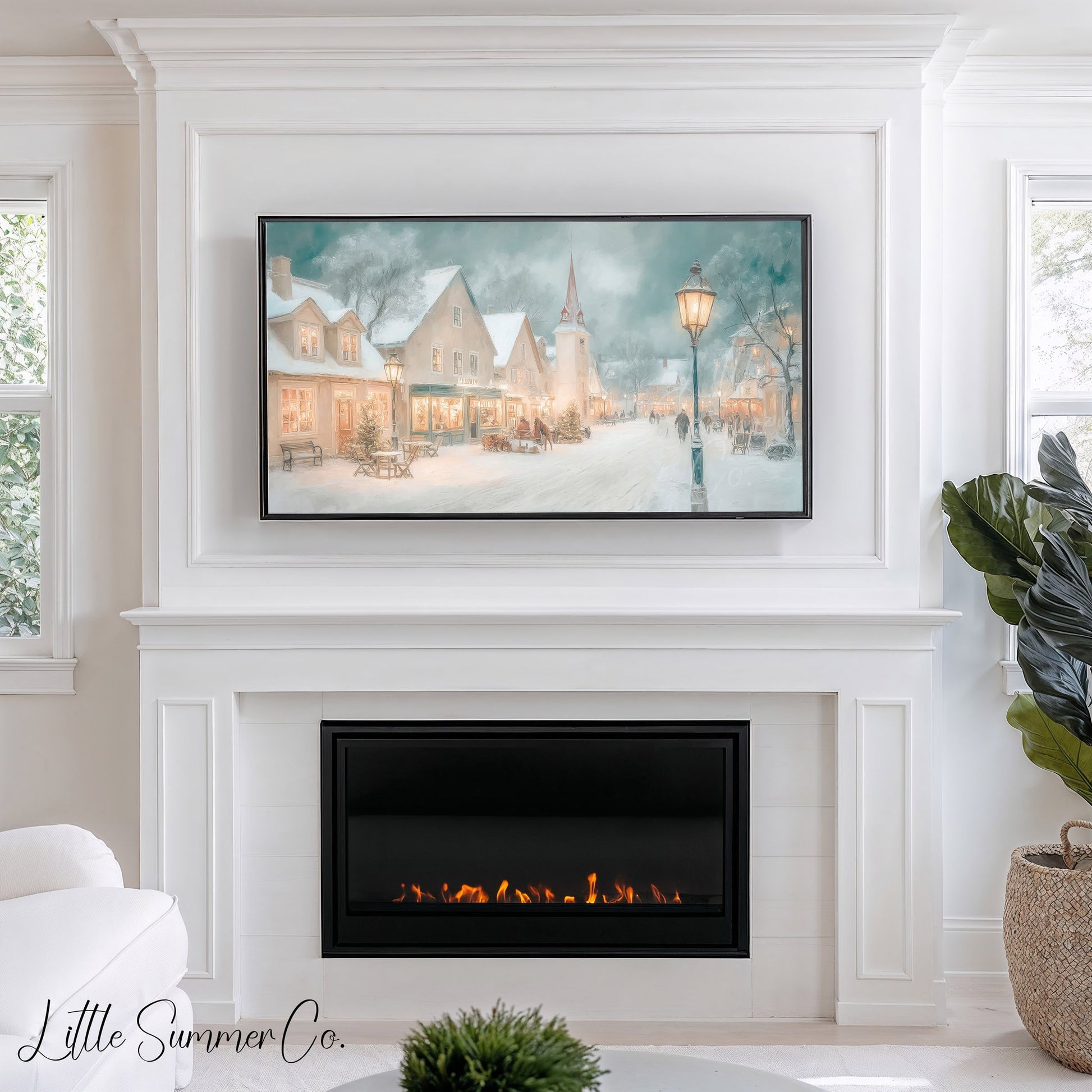 Snowy Village Street Frame TV Art displayed on a TV