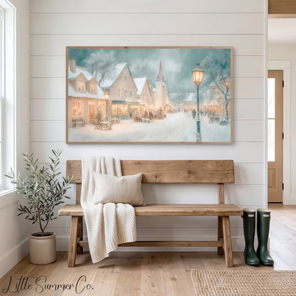 Snowy Village Street Frame TV Art displayed on a TV