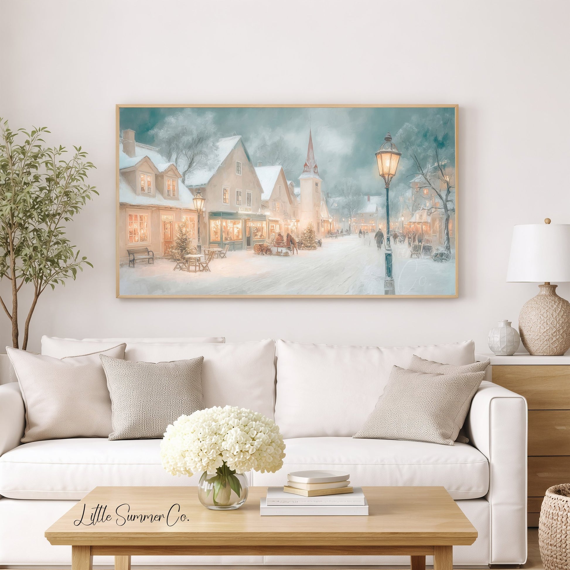 Snowy Village Street Frame TV Art displayed on a TV