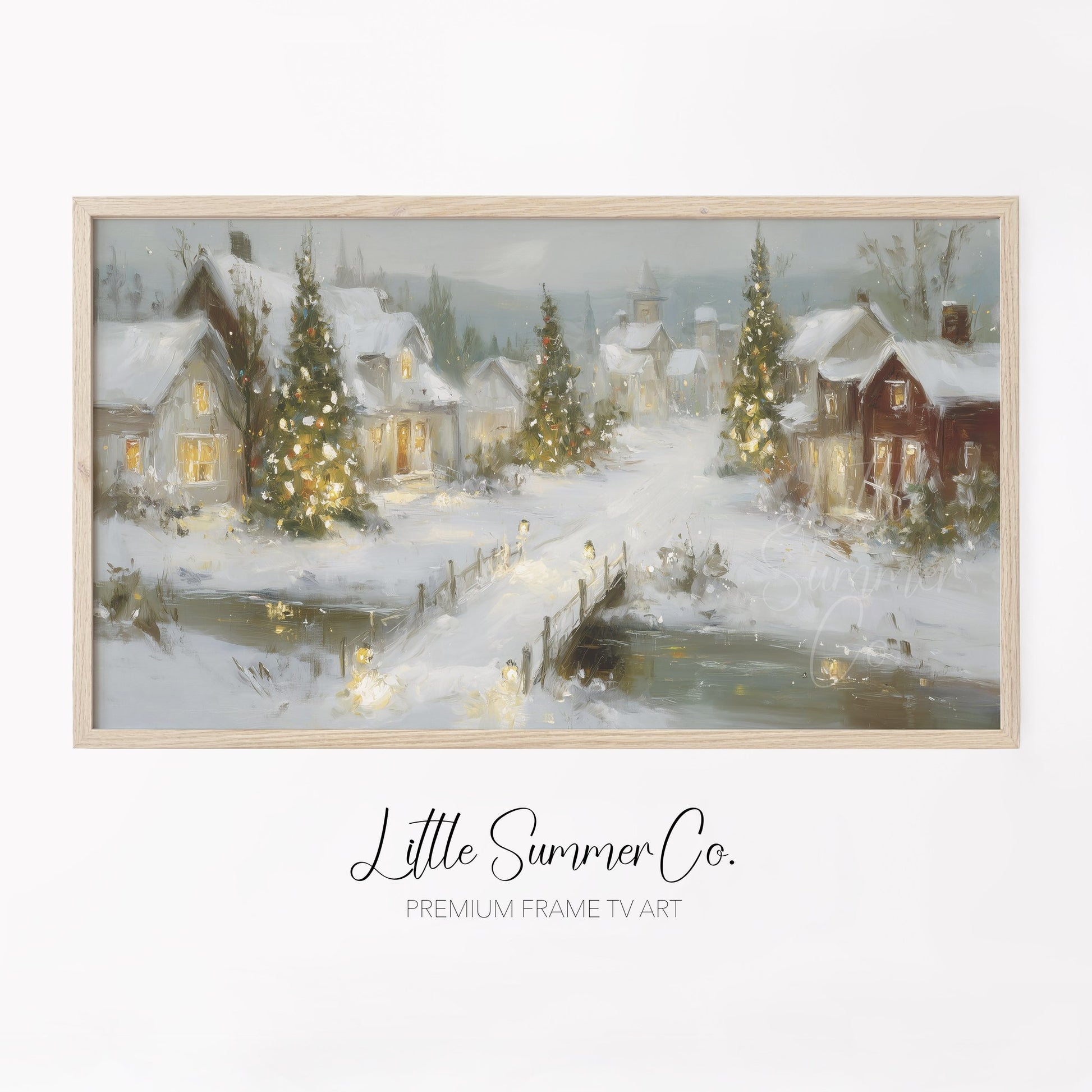 Glowing Christmas Village Snow Frame TV Art displayed on a TV
