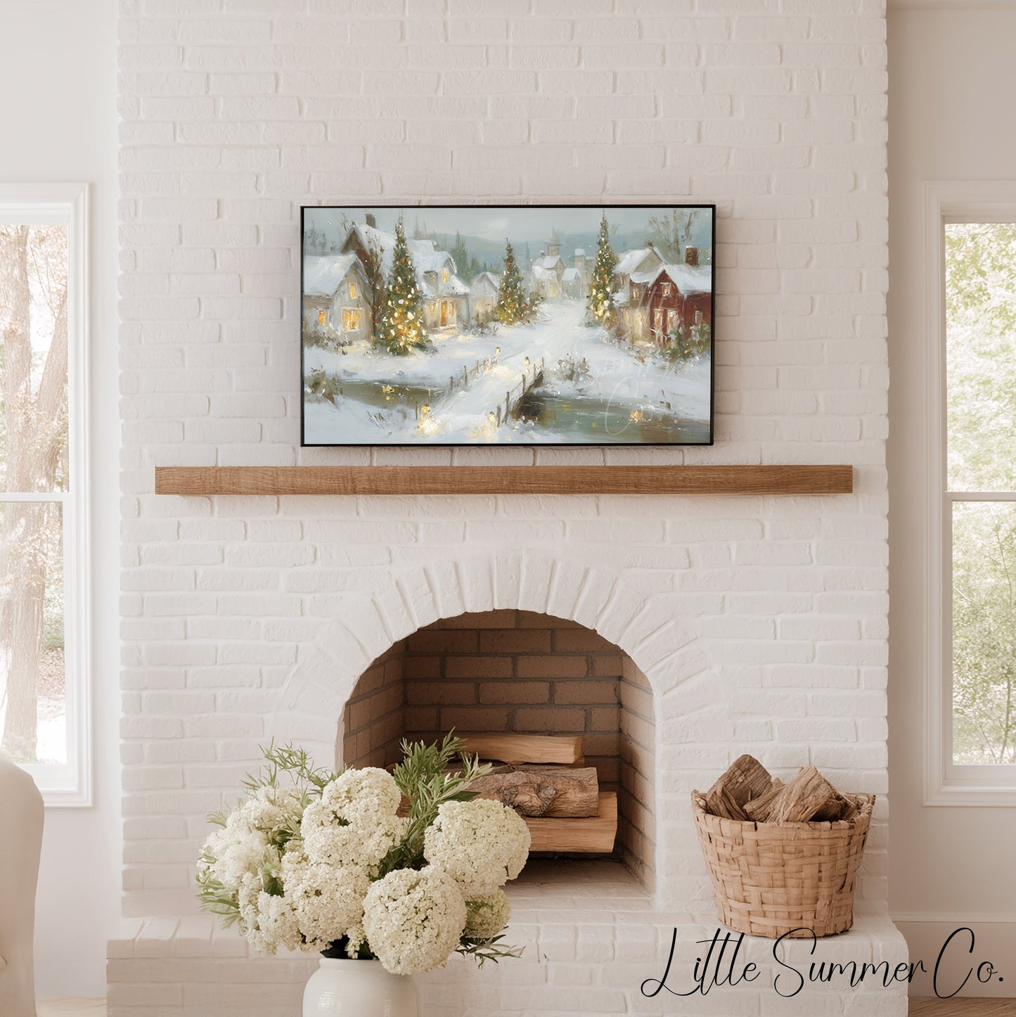 Glowing Christmas Village Snow Frame TV Art displayed on a TV