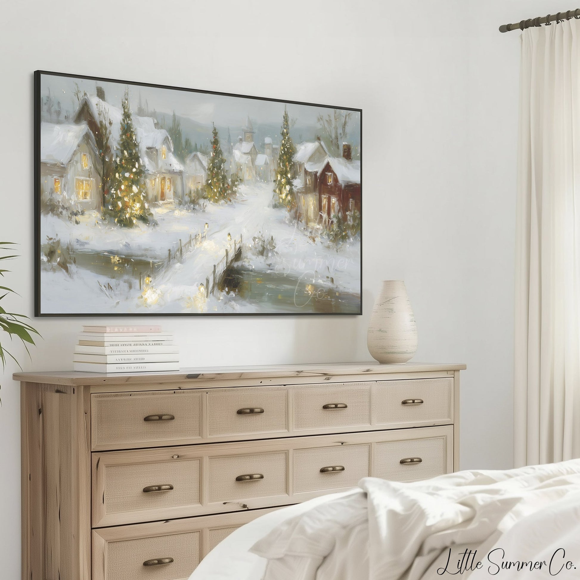 Glowing Christmas Village Snow Frame TV Art displayed on a TV