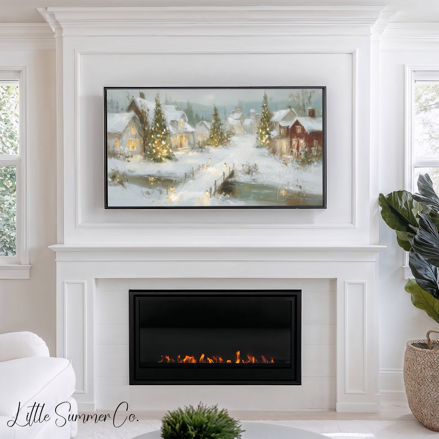 Glowing Christmas Village Snow Frame TV Art displayed on a TV
