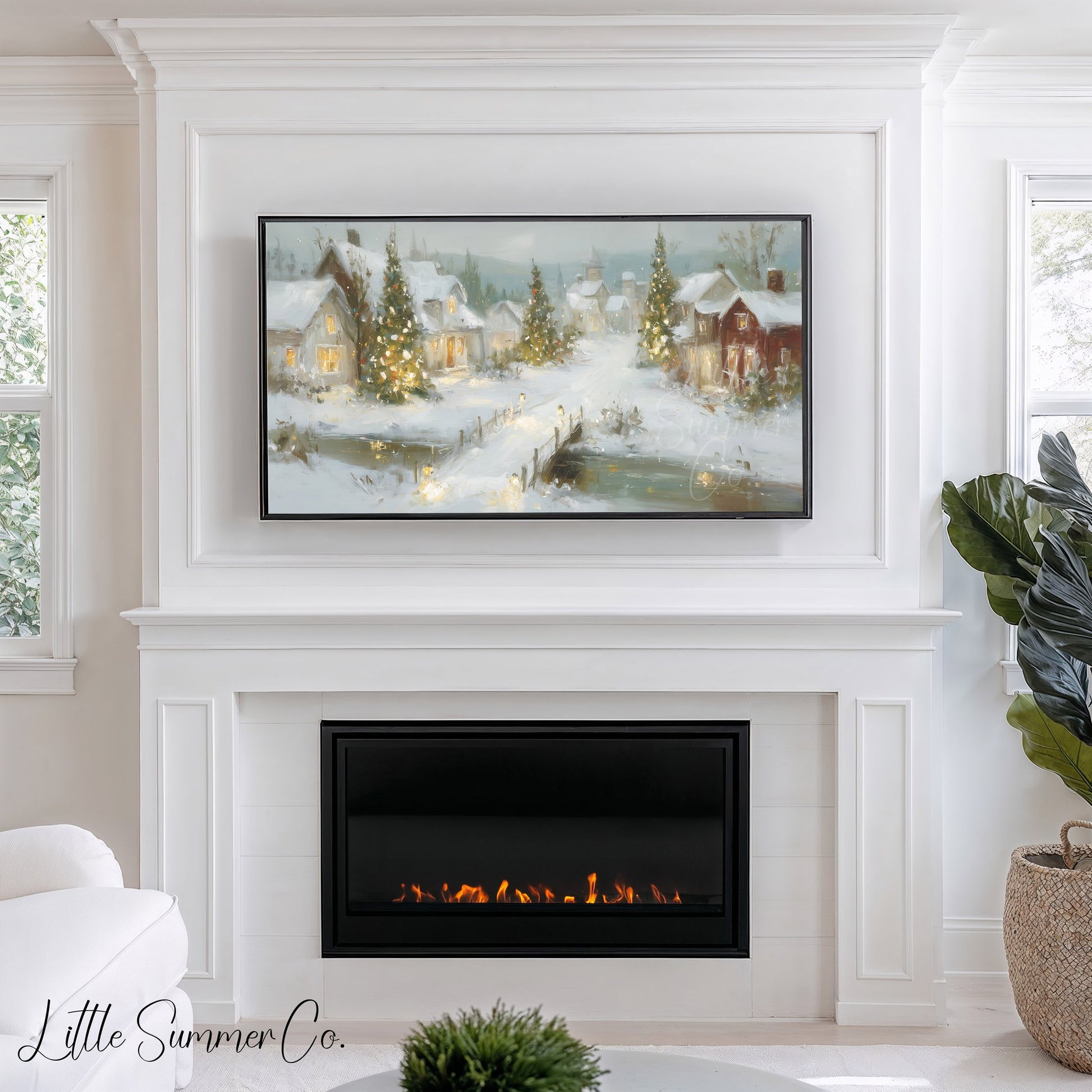 Glowing Christmas Village Snow Frame TV Art displayed on a TV