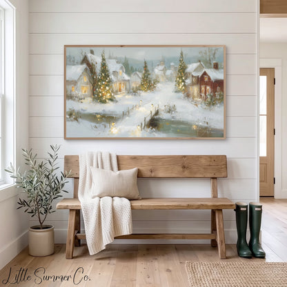 Glowing Christmas Village Snow Frame TV Art displayed on a TV