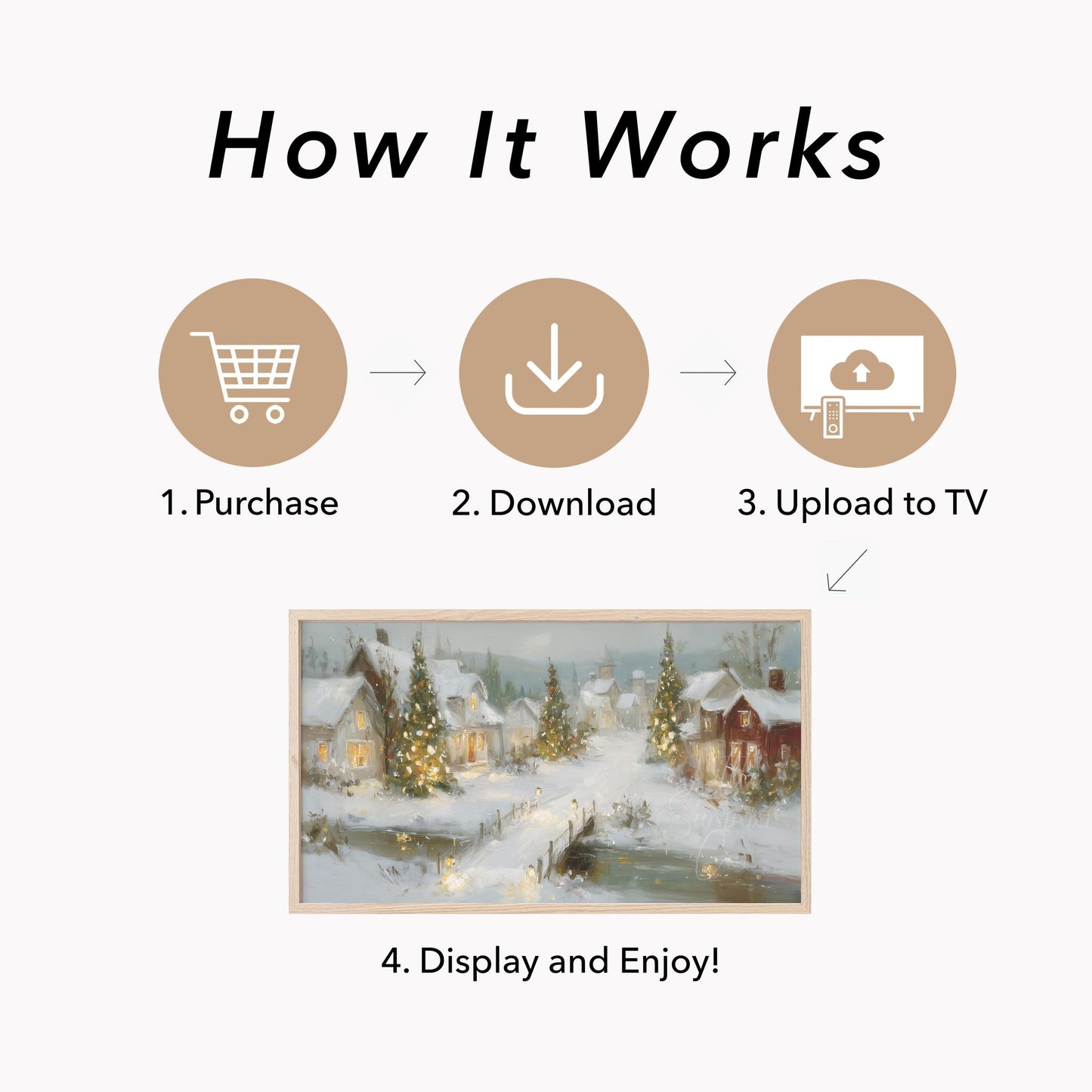 Glowing Christmas Village Snow Frame TV Art displayed on a TV