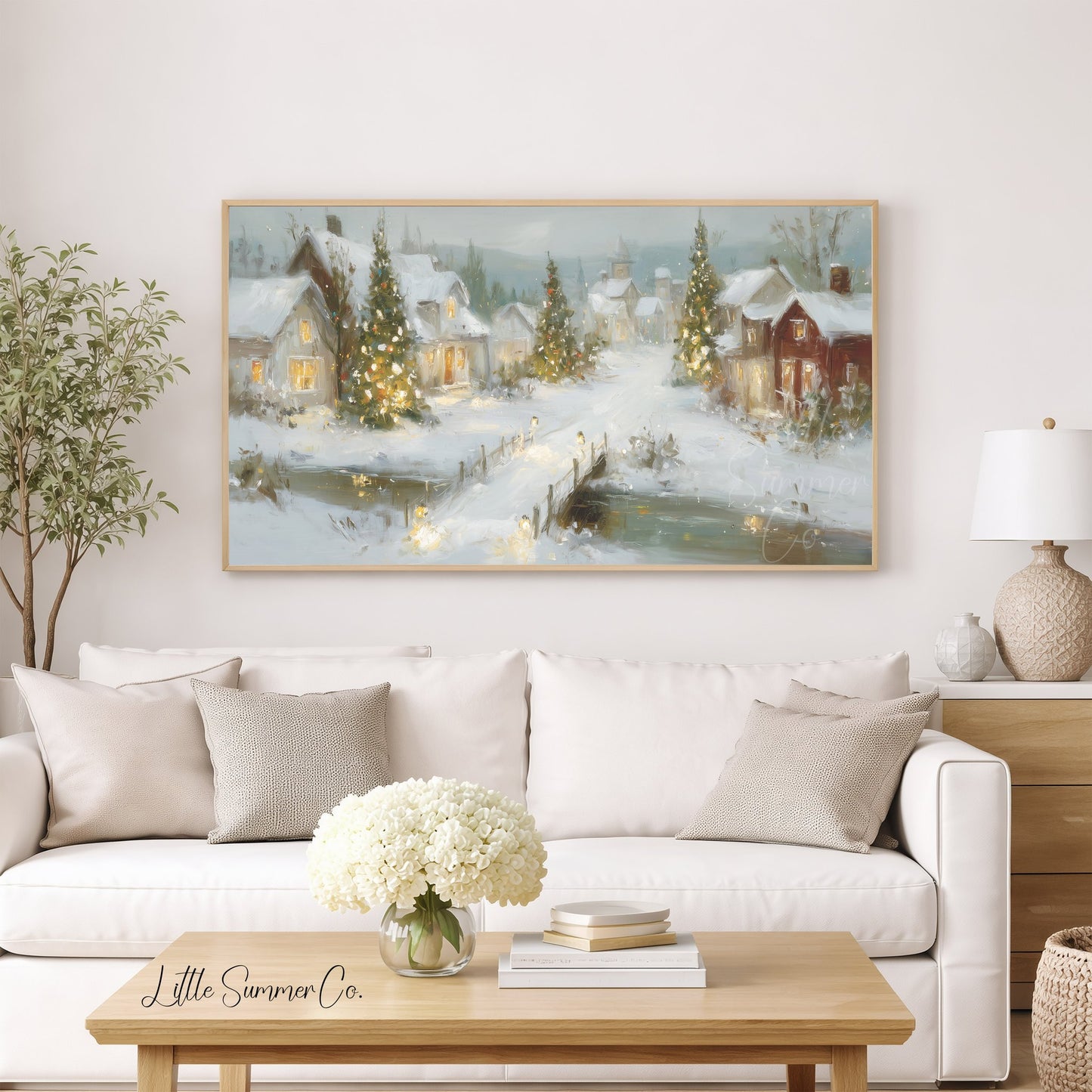 Glowing Christmas Village Snow Frame TV Art displayed on a TV