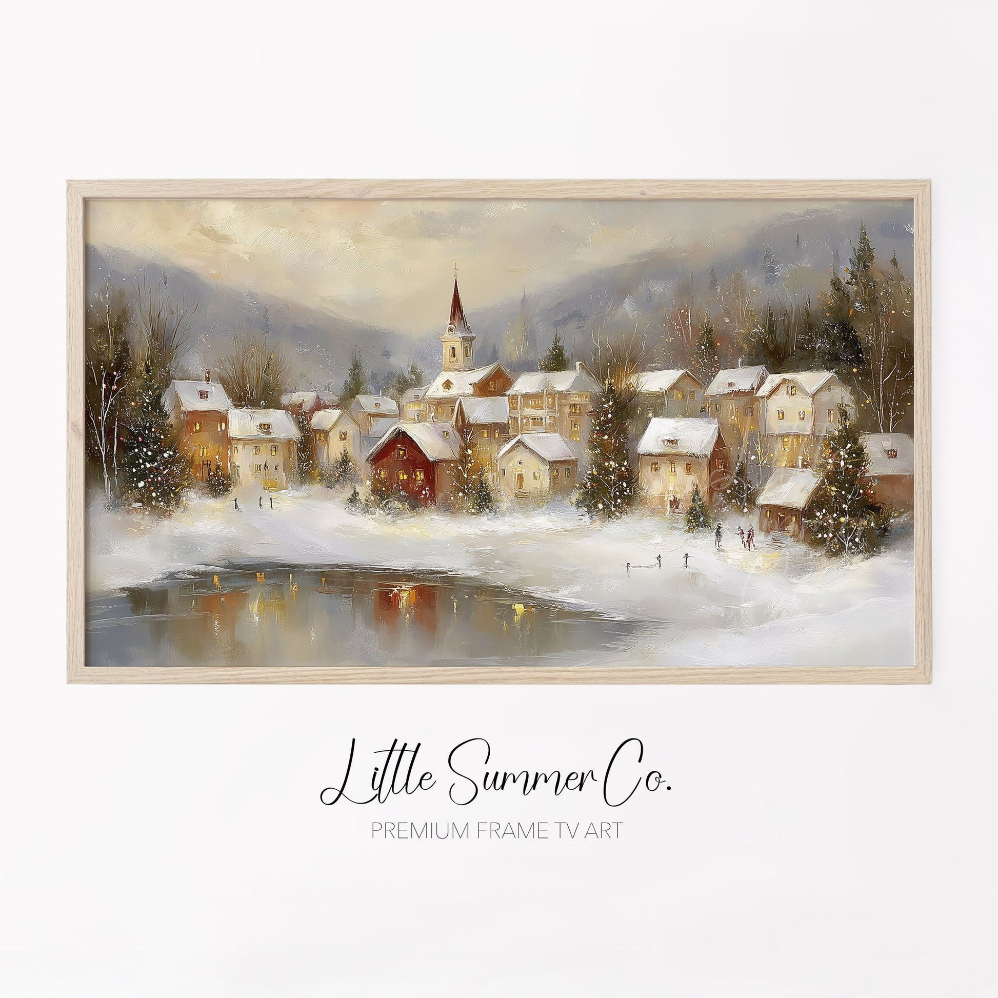 Warm Christmas Town Winter Evening Frame TV Art displayed on a TV