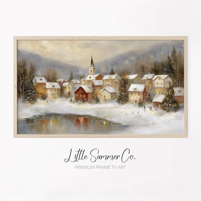 Warm Christmas Town Winter Evening Frame TV Art displayed on a TV