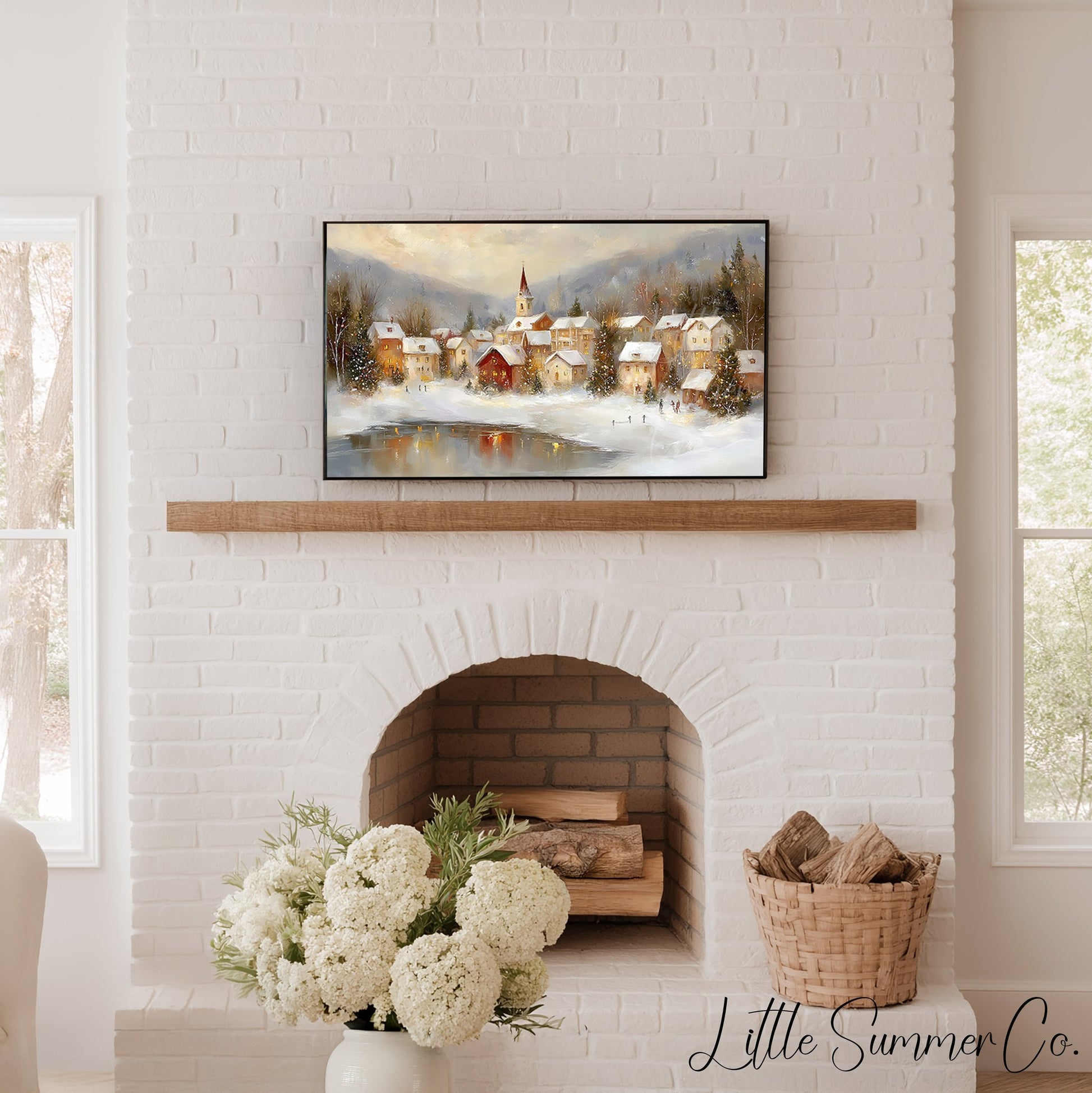 Warm Christmas Town Winter Evening Frame TV Art displayed on a TV