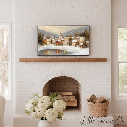Warm Christmas Town Winter Evening Frame TV Art displayed on a TV