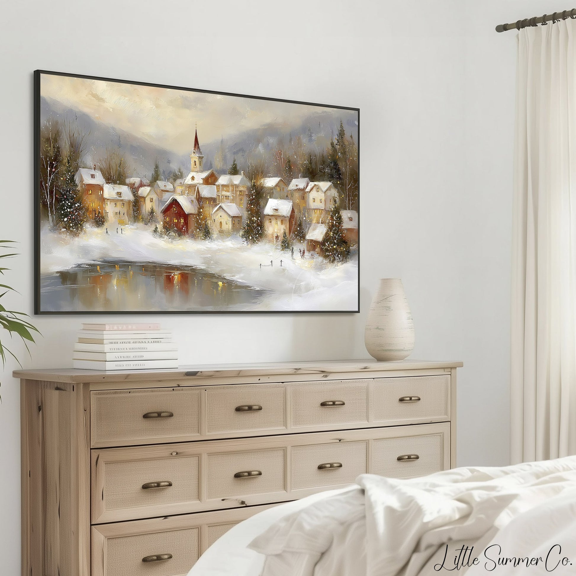 Warm Christmas Town Winter Evening Frame TV Art displayed on a TV