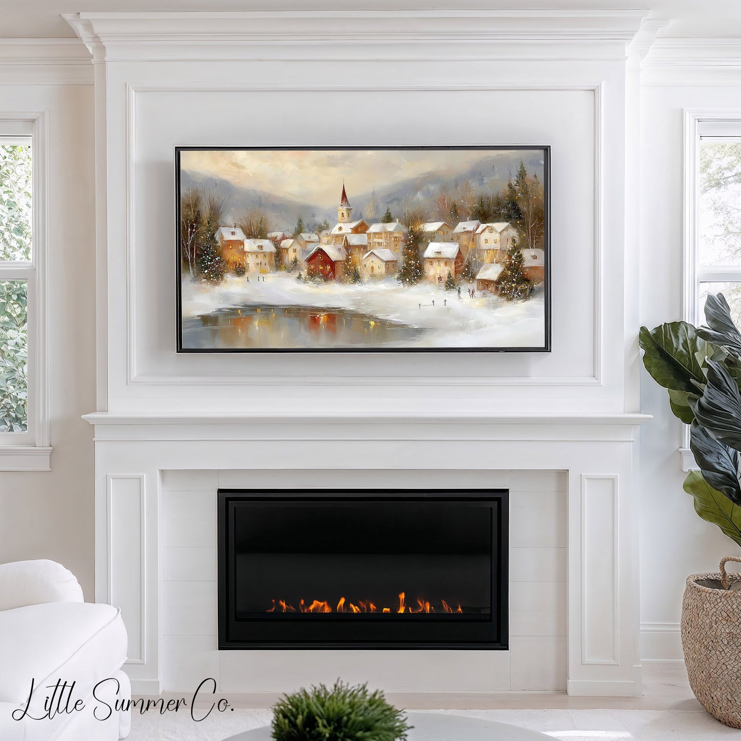 Warm Christmas Town Winter Evening Frame TV Art displayed on a TV