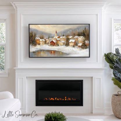 Warm Christmas Town Winter Evening Frame TV Art displayed on a TV