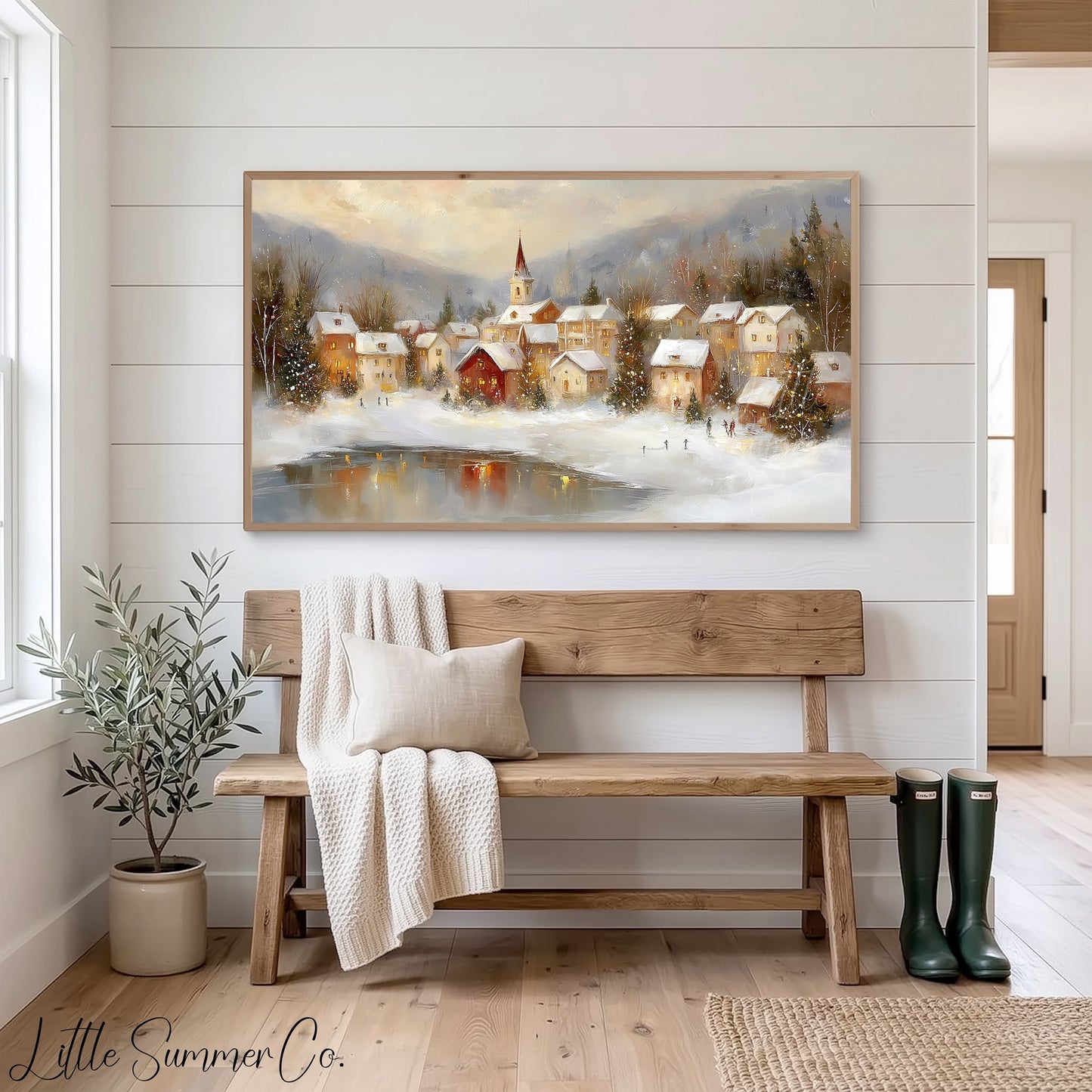 Warm Christmas Town Winter Evening Frame TV Art displayed on a TV