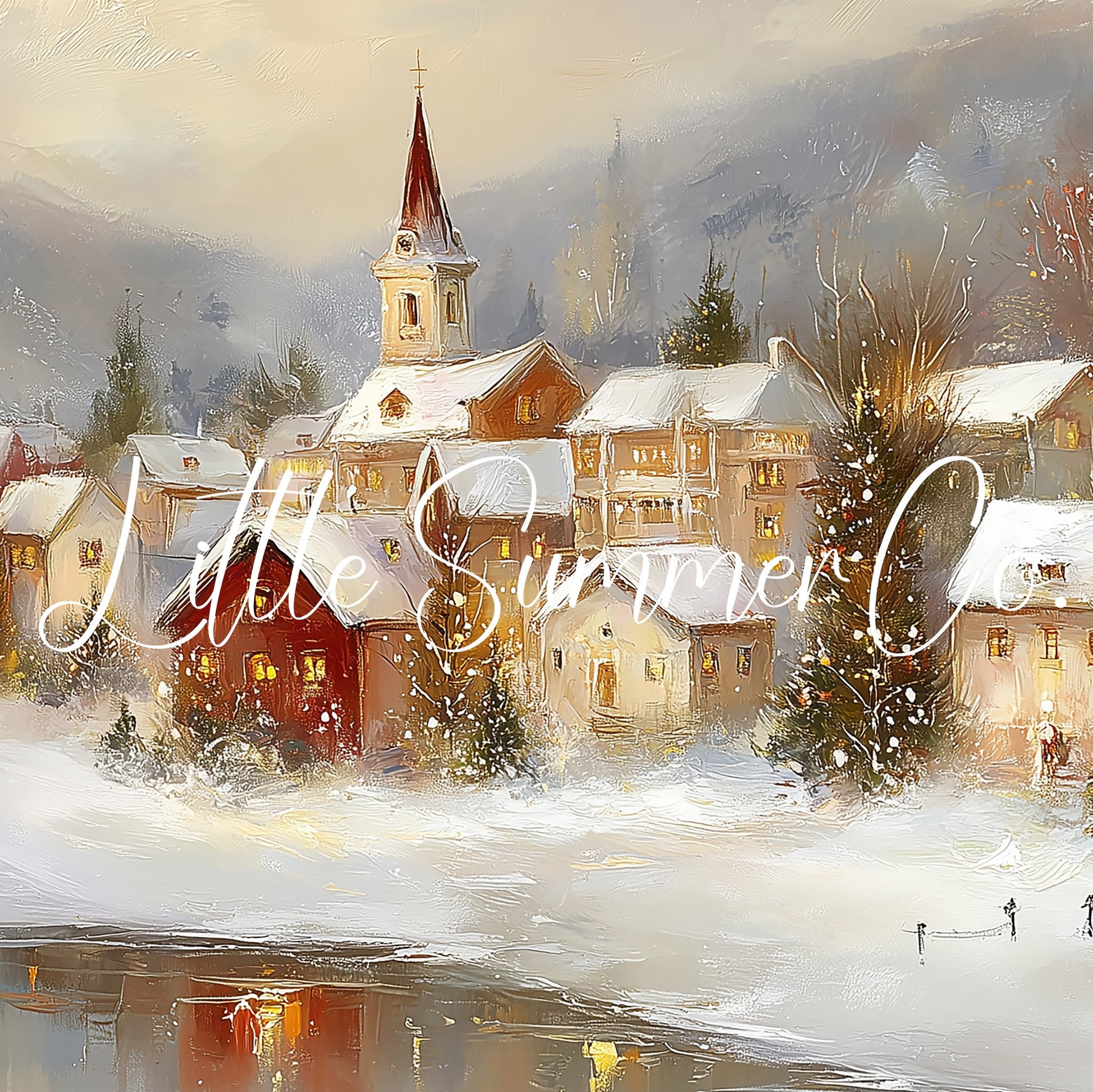 Warm Christmas Town Winter Evening Frame TV Art displayed on a TV