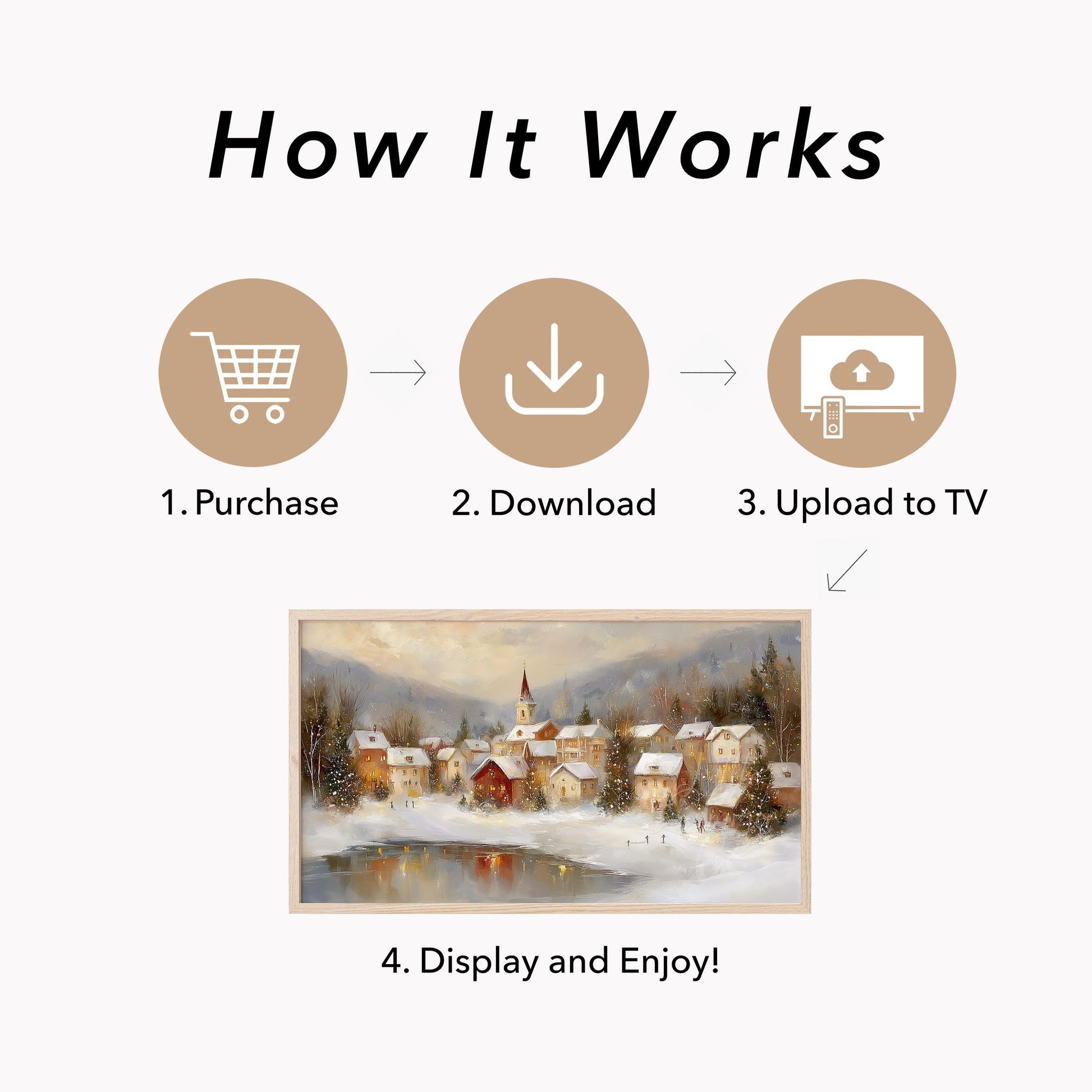 Warm Christmas Town Winter Evening Frame TV Art displayed on a TV