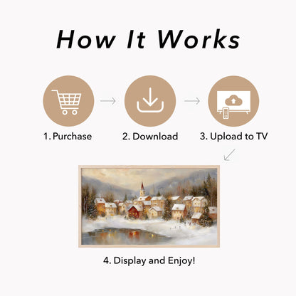 Warm Christmas Town Winter Evening Frame TV Art displayed on a TV