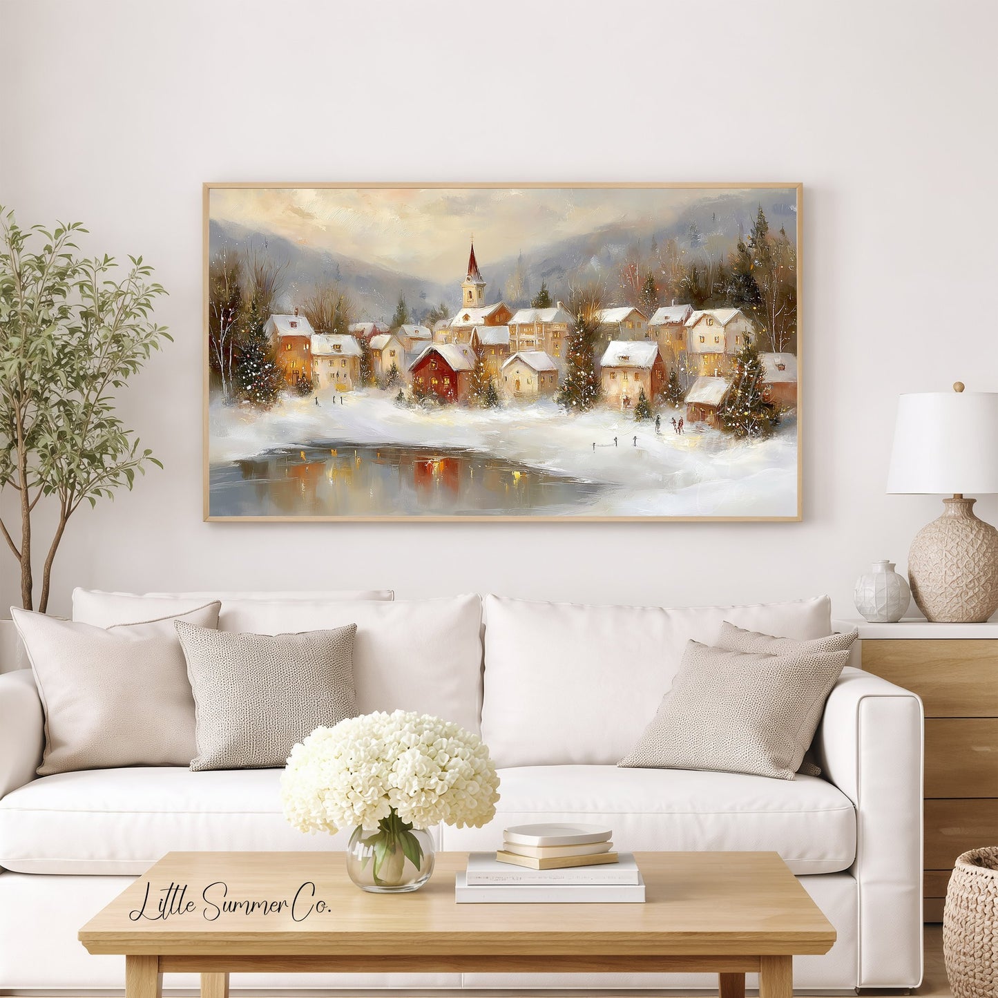 Warm Christmas Town Winter Evening Frame TV Art displayed on a TV