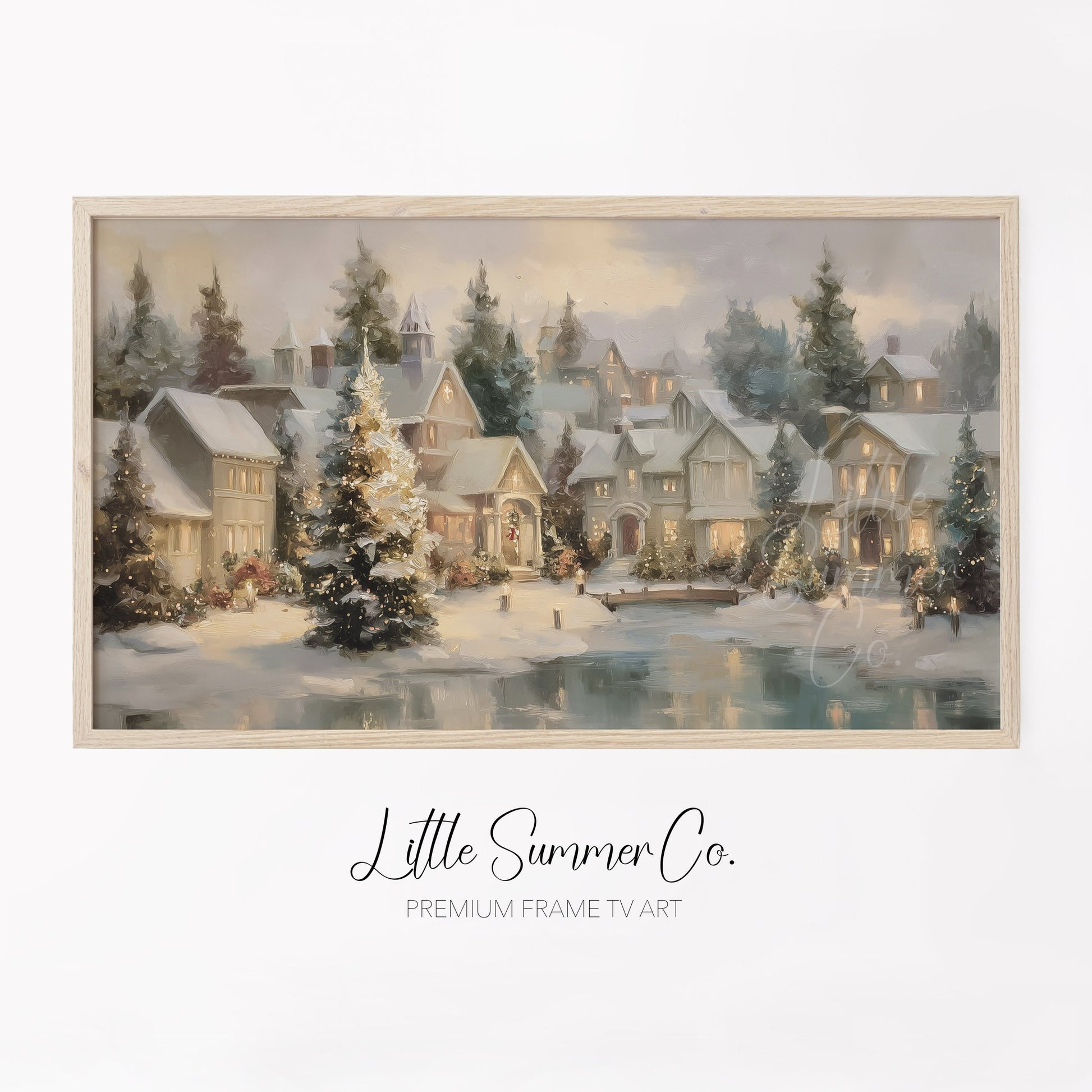 Christmas Village Pond Frame TV Art displayed on a TV