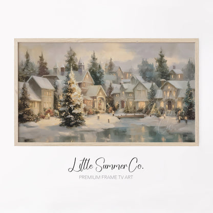 Christmas Village Pond Frame TV Art displayed on a TV