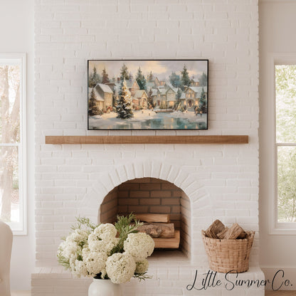 Christmas Village Pond Frame TV Art displayed on a TV