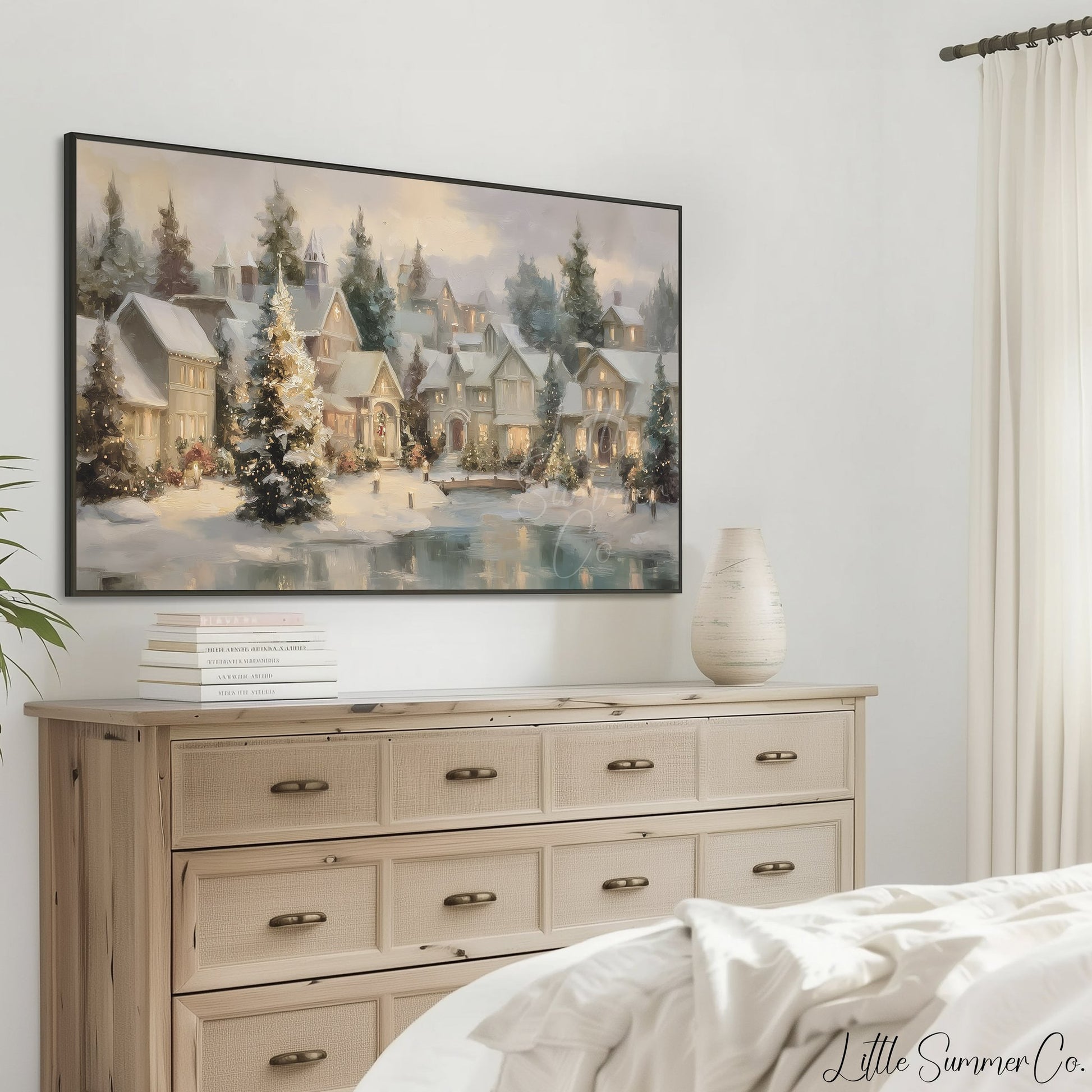 Christmas Village Pond Frame TV Art displayed on a TV