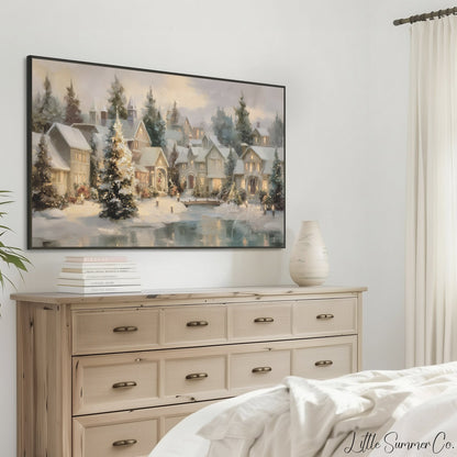 Christmas Village Pond Frame TV Art displayed on a TV