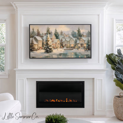 Christmas Village Pond Frame TV Art displayed on a TV