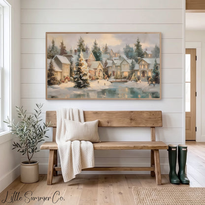Christmas Village Pond Frame TV Art displayed on a TV