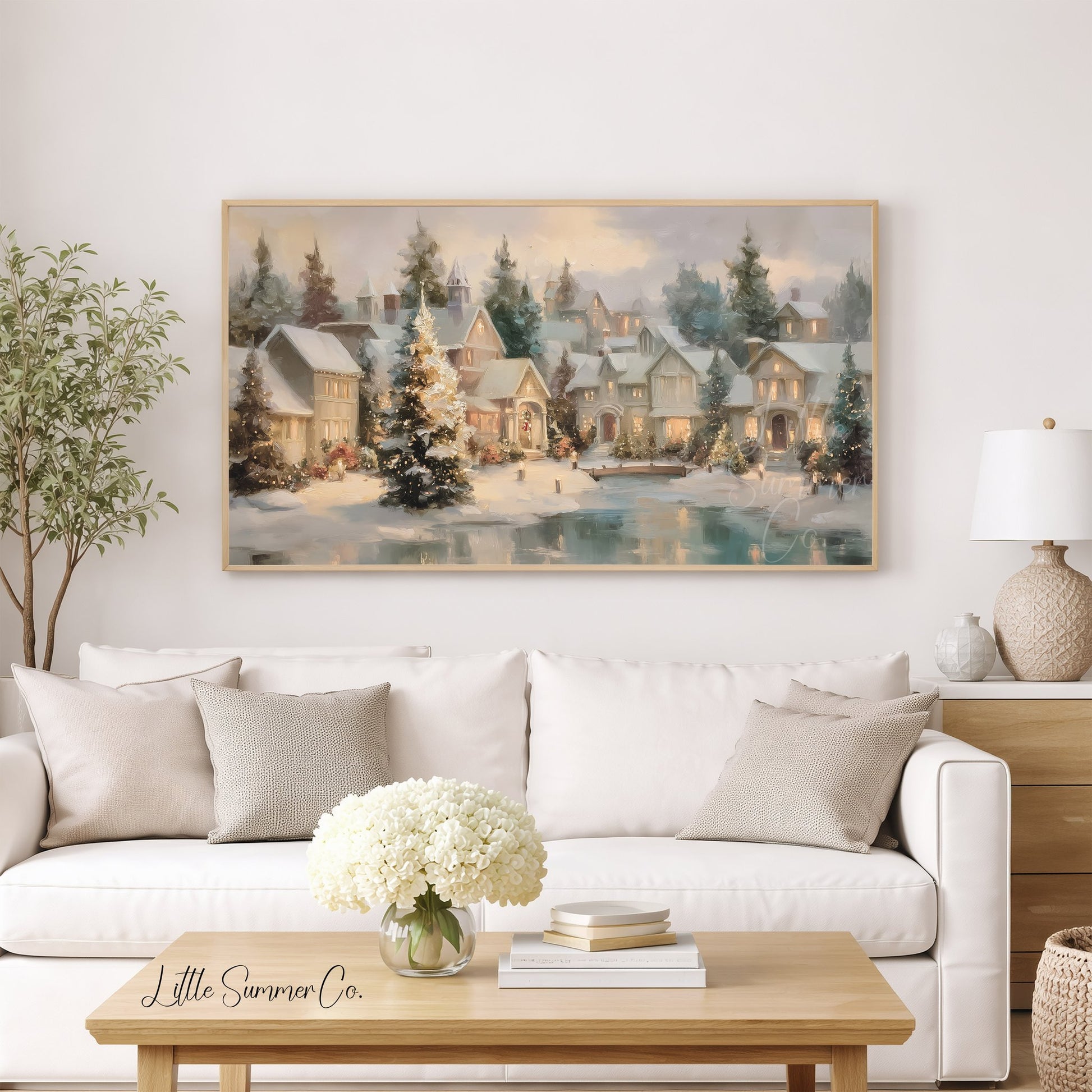 Christmas Village Pond Frame TV Art displayed on a TV