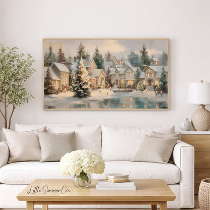 Christmas Village Pond Frame TV Art displayed on a TV