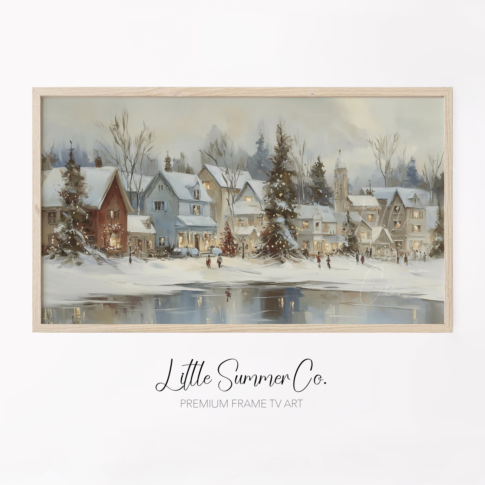 Christmas Village Lake Frame TV Art displayed on a TV