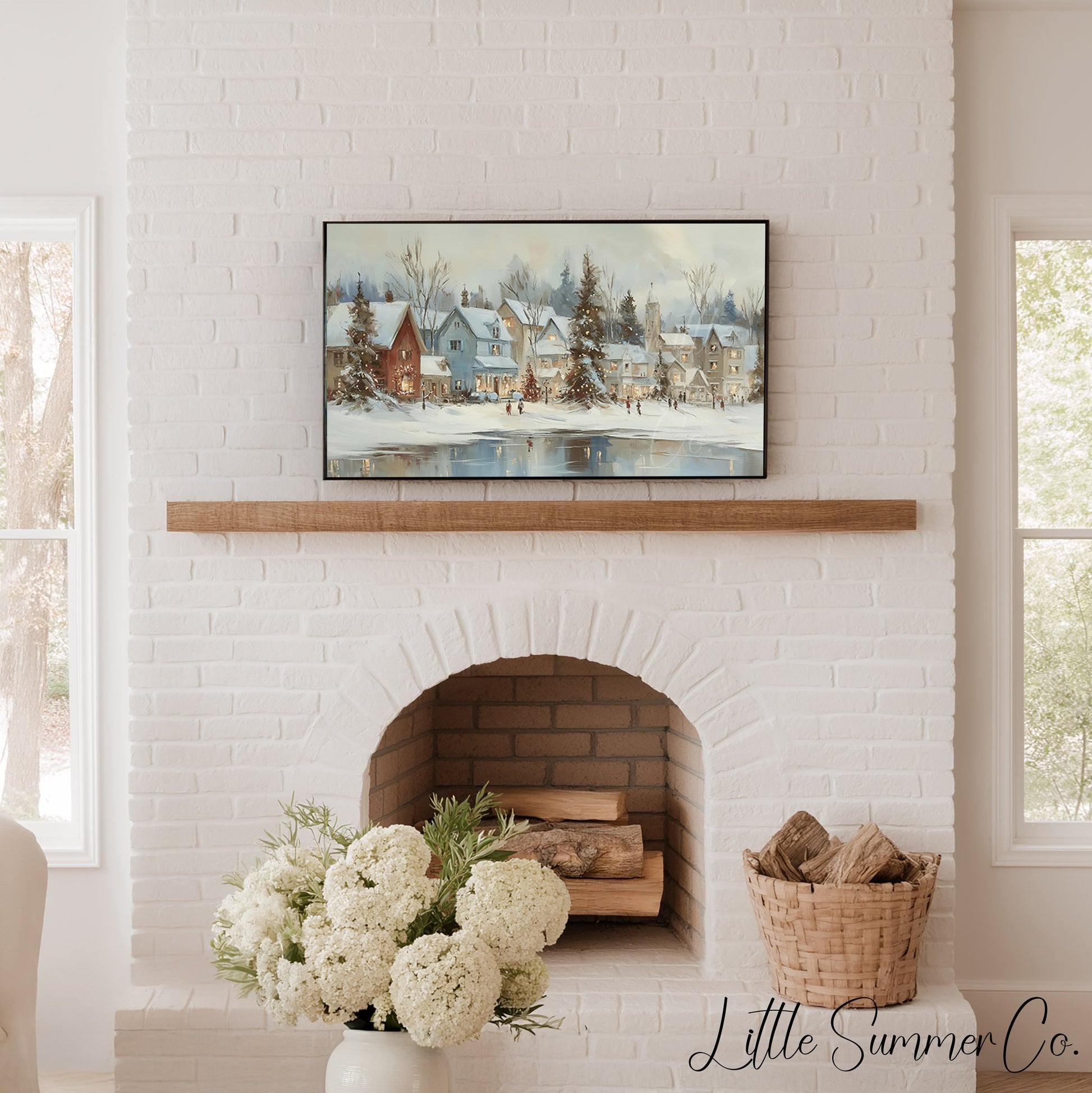 Christmas Village Lake Frame TV Art displayed on a TV