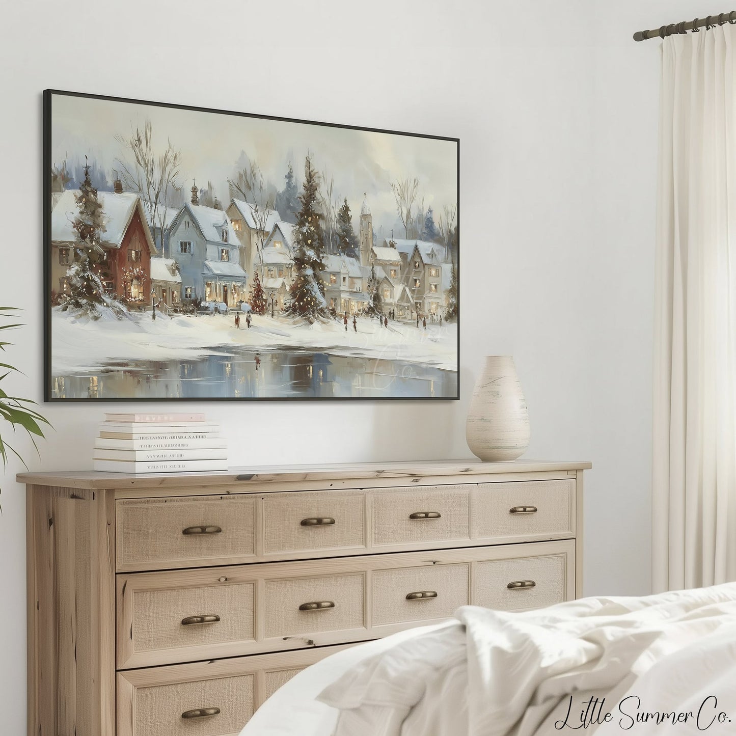 Christmas Village Lake Frame TV Art displayed on a TV