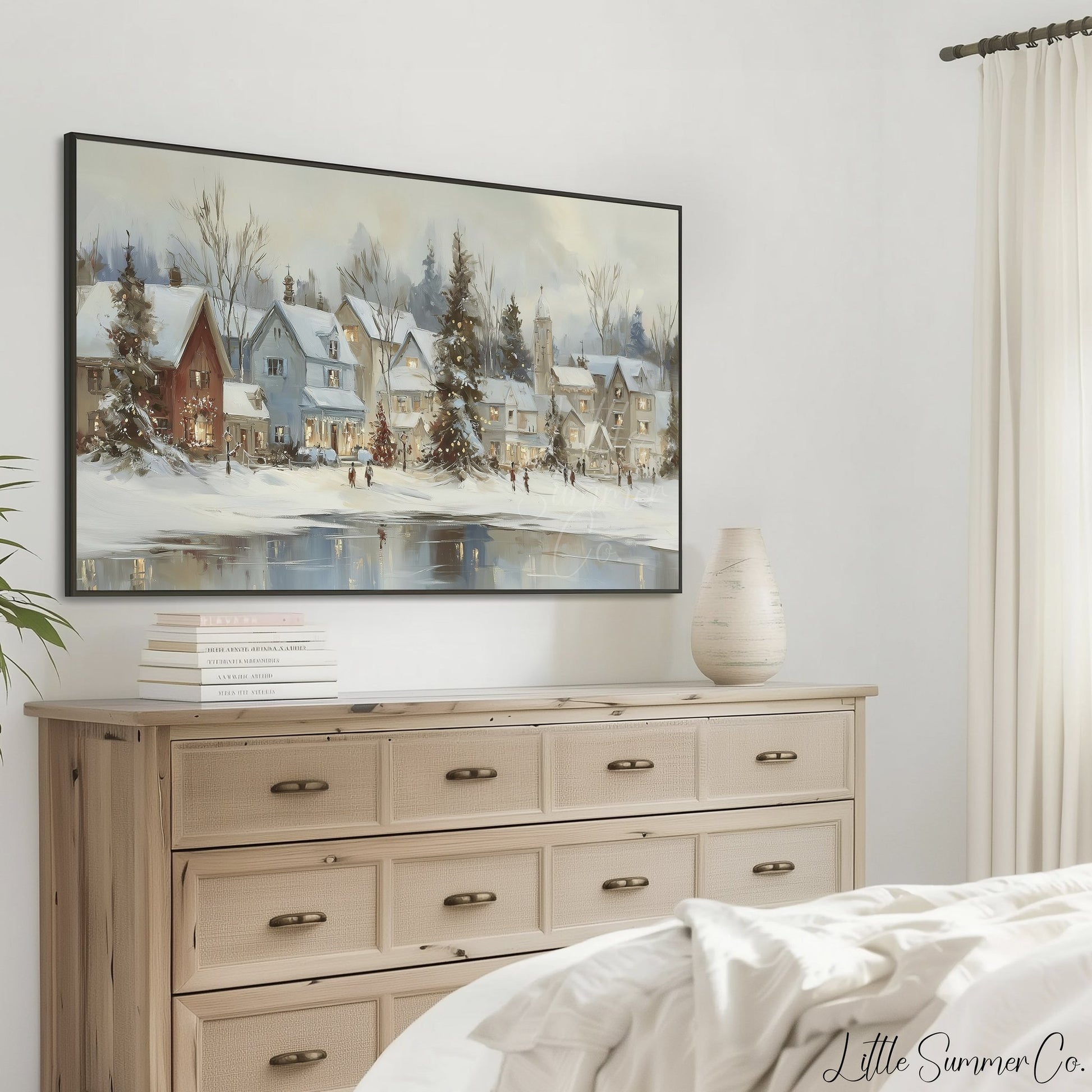 Christmas Village Lake Frame TV Art displayed on a TV