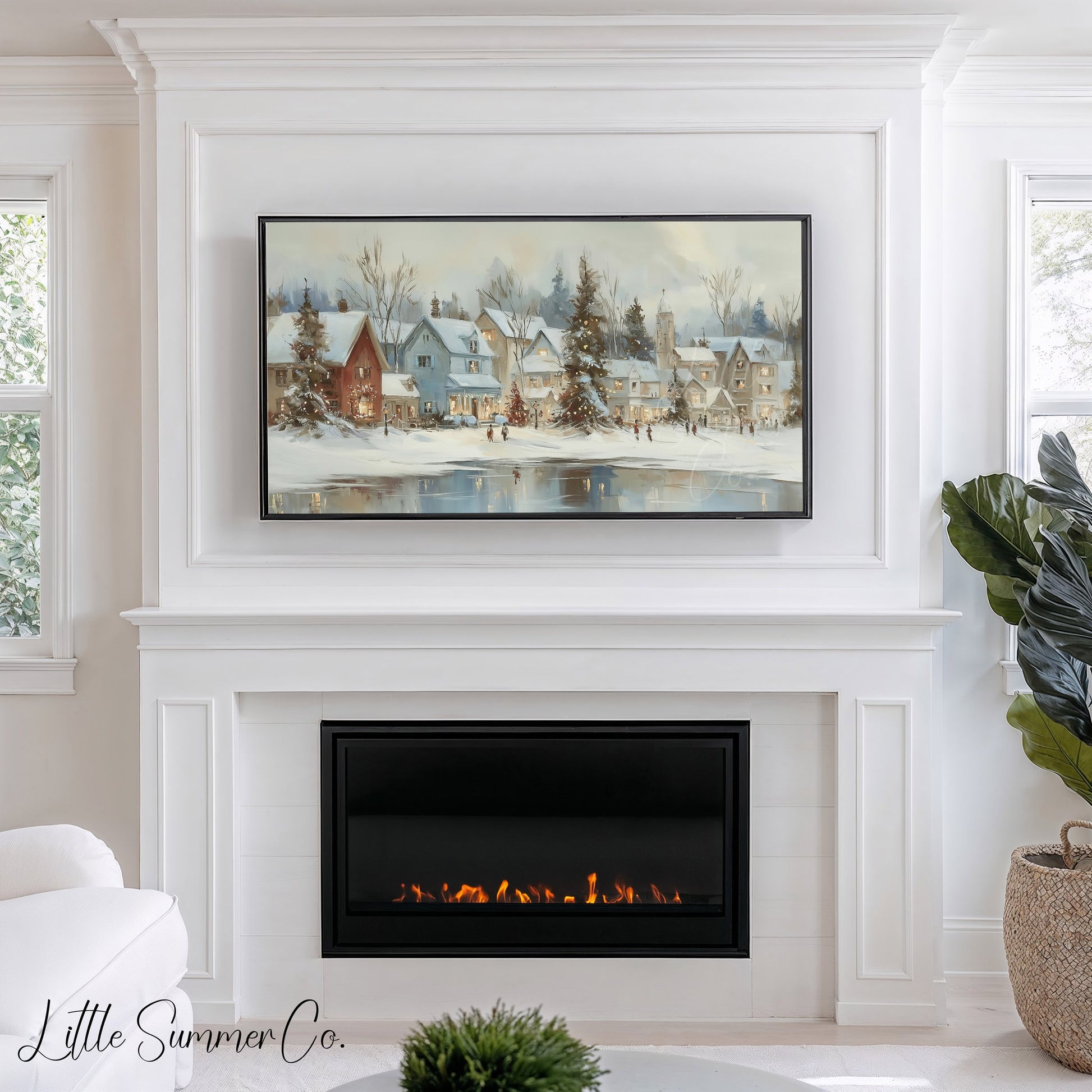 Christmas Village Lake Frame TV Art displayed on a TV