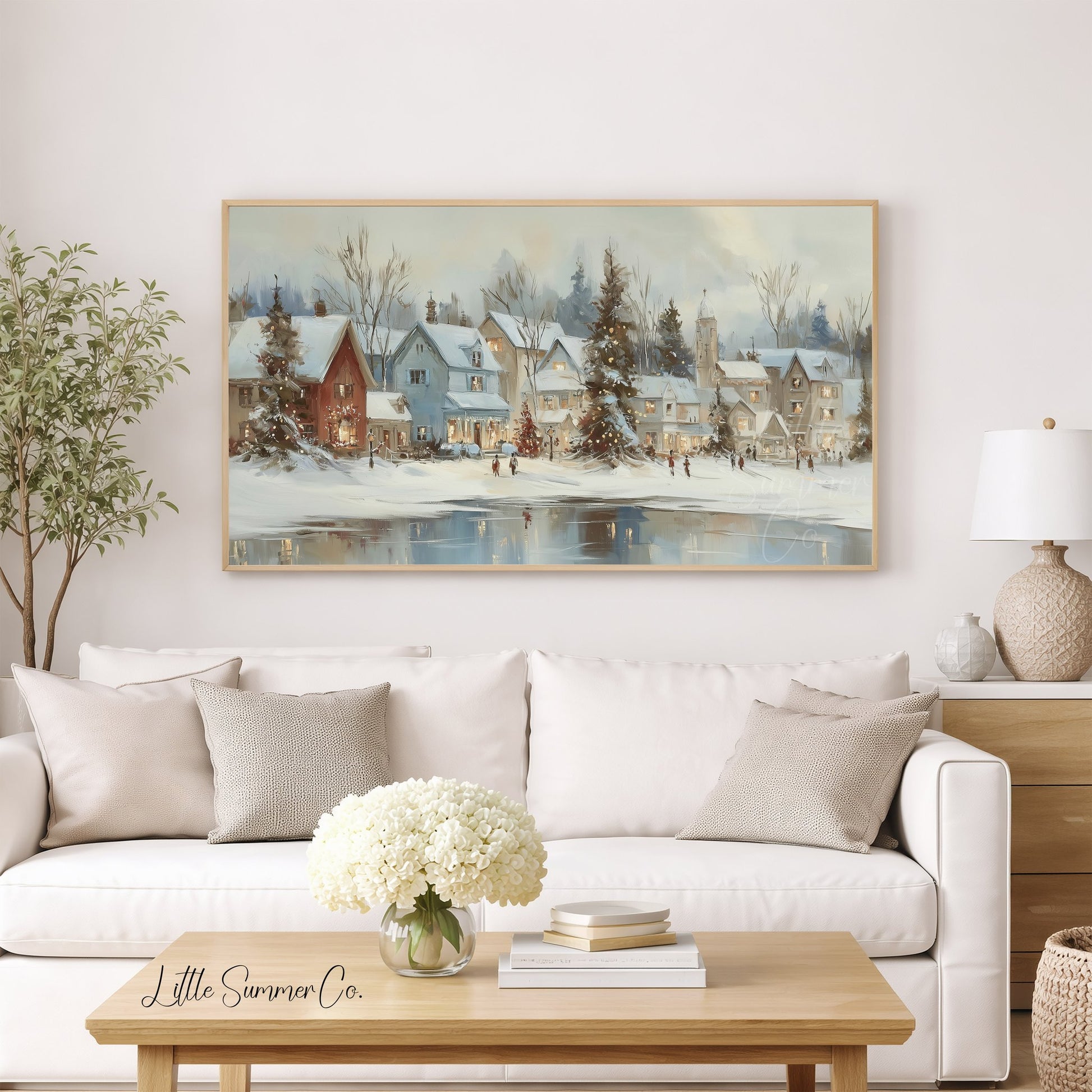 Christmas Village Lake Frame TV Art displayed on a TV