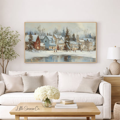 Christmas Village Lake Frame TV Art displayed on a TV