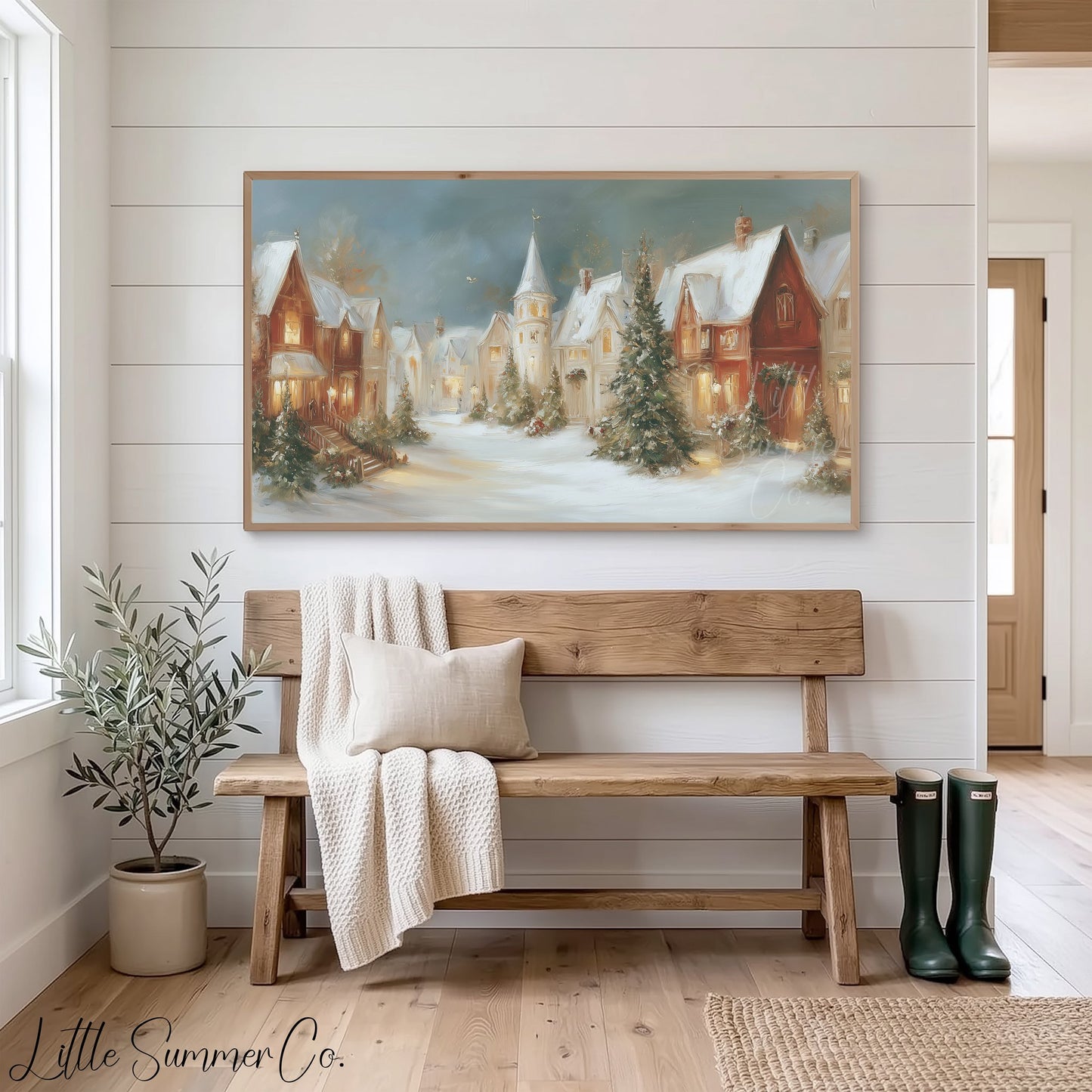 Victorian Christmas Village Street Frame TV Art displayed on a TV
