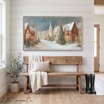 Victorian Christmas Village Street Frame TV Art displayed on a TV