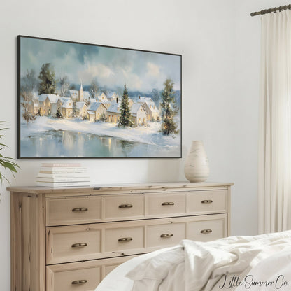 Christmas Village Shore Frame TV Art displayed on a TV